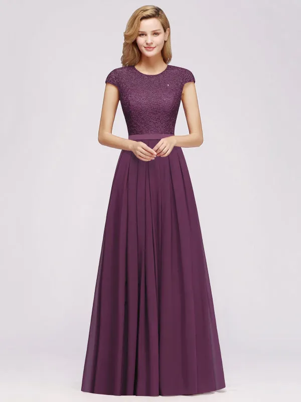 Cap Sleeves Elegant Aline Bridesmaid Dress Crew Neck Lace Chiffon Wedding Guest Dress