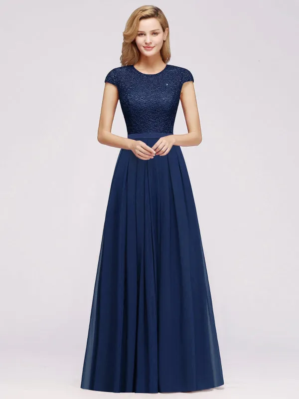 Cap Sleeves Elegant Aline Bridesmaid Dress Crew Neck Lace Chiffon Wedding Guest Dress