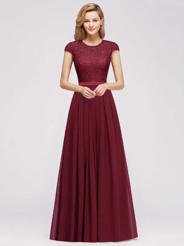 Cap Sleeves Elegant Aline Bridesmaid Dress Crew Neck Lace Chiffon Wedding Guest Dress