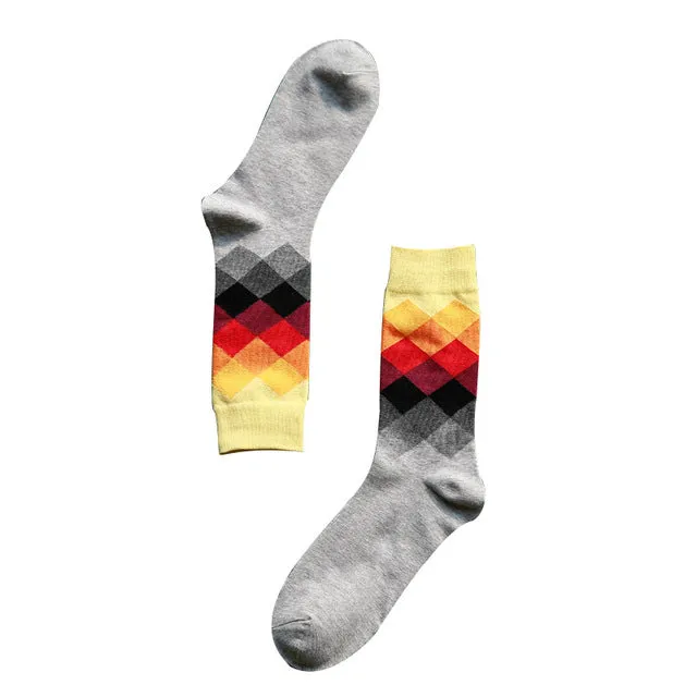 Casual Mens Cotton Colorful Geometry Socks Harajuku Gradient Color Business Dress Socks Diamond Plaid Long Socks calcetines