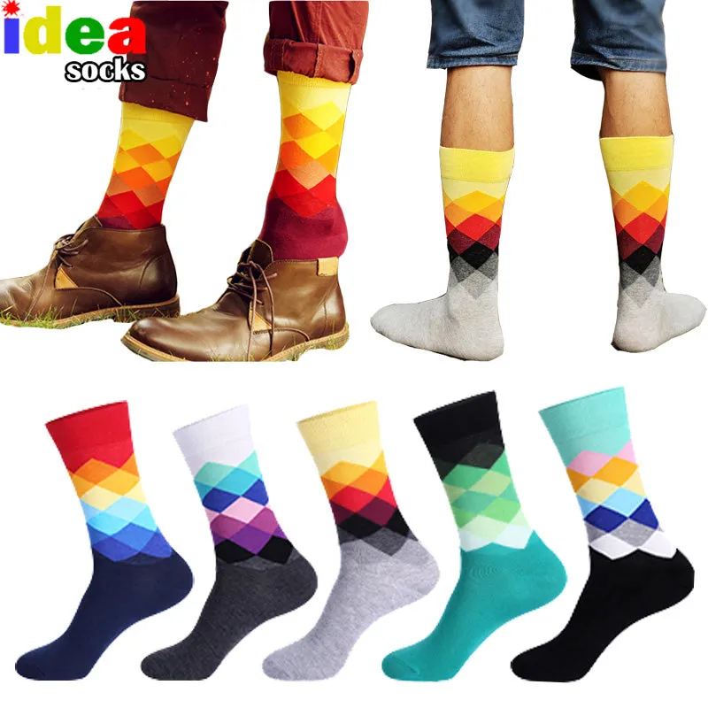 Casual Mens Cotton Colorful Geometry Socks Harajuku Gradient Color Business Dress Socks Diamond Plaid Long Socks calcetines