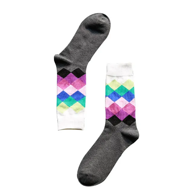 Casual Mens Cotton Colorful Geometry Socks Harajuku Gradient Color Business Dress Socks Diamond Plaid Long Socks calcetines