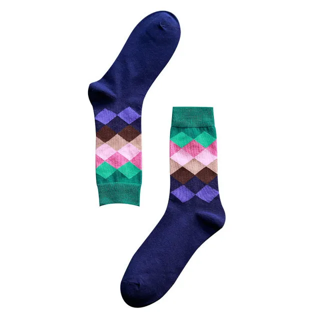 Casual Mens Cotton Colorful Geometry Socks Harajuku Gradient Color Business Dress Socks Diamond Plaid Long Socks calcetines