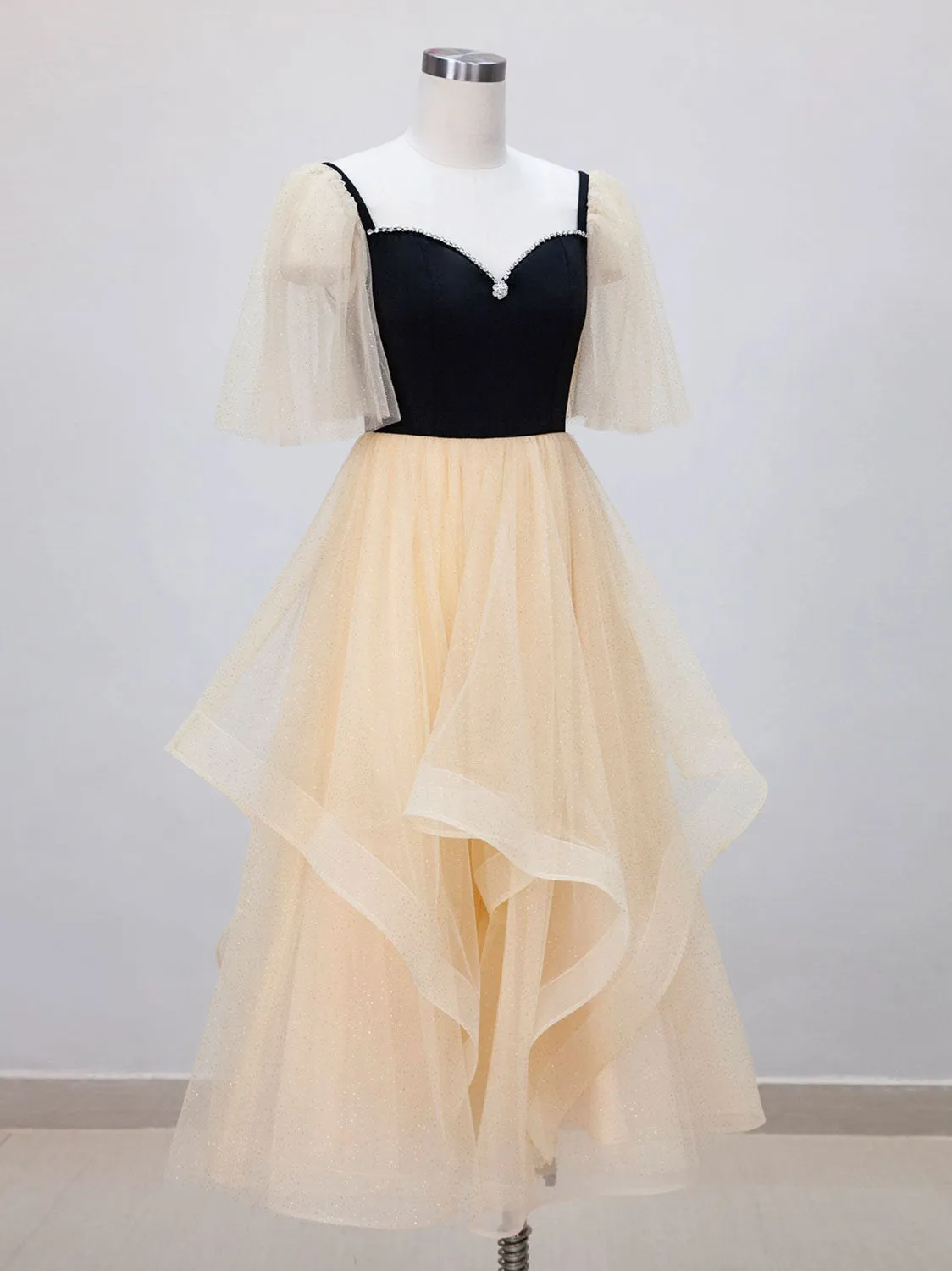 Champagne A-Line Tulle Short Prom Dresses, Champagne Formal Dress