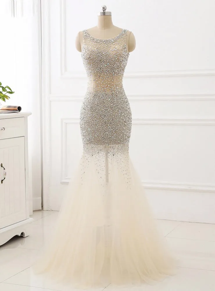 Champagne Tulle Mermaid Tulle Scoop Beaded Prom Dresses