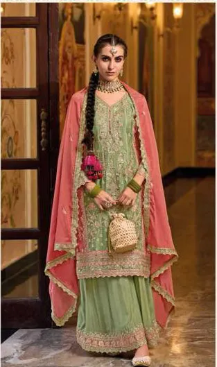 Charming Green Color Chinon Embroidery Work Palazzo Suit Sets For Women