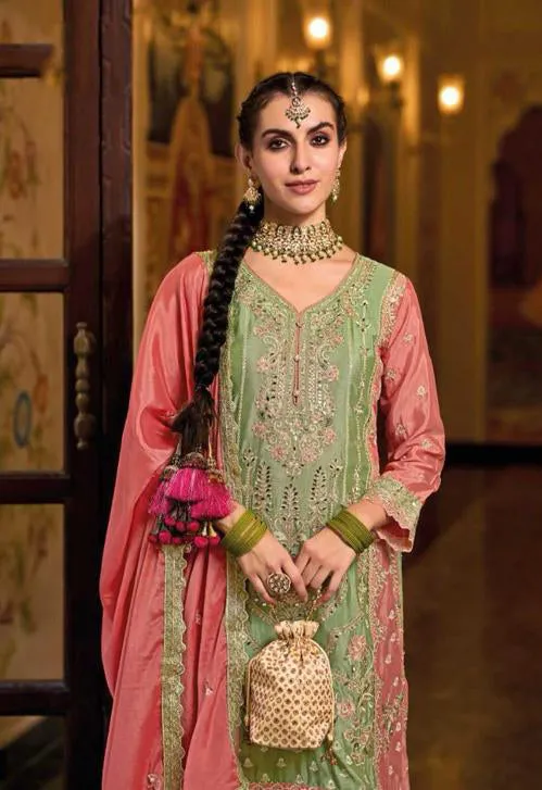 Charming Green Color Chinon Embroidery Work Palazzo Suit Sets For Women