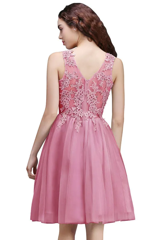 Chic Lace Tulle Short Homecoming Dress Sleeveless Appliques Knee Length Party Dress