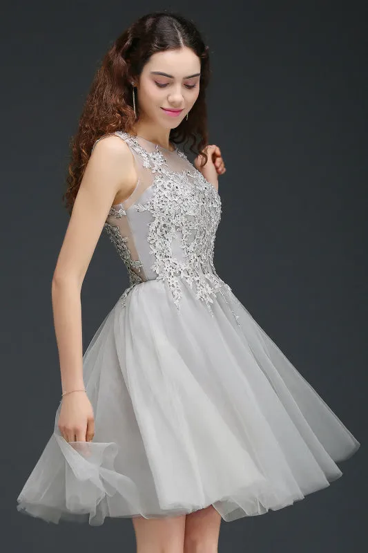 Chic Lace Tulle Short Homecoming Dress Sleeveless Appliques Knee Length Party Dress