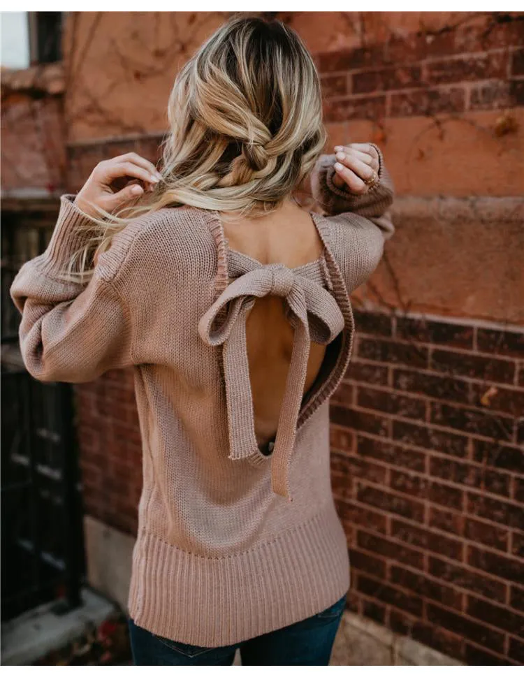 CLAIRE Backless Bow Tie Sweater - Blush Pink