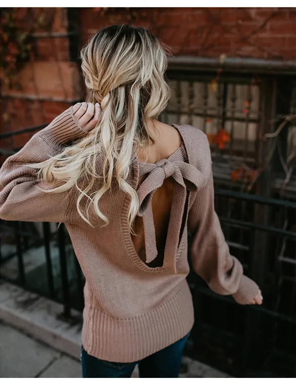 CLAIRE Backless Bow Tie Sweater - Blush Pink