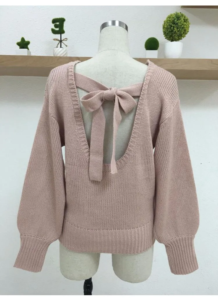 CLAIRE Backless Bow Tie Sweater - Blush Pink