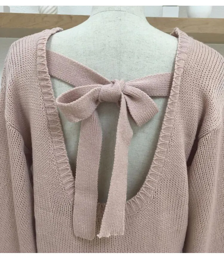 CLAIRE Backless Bow Tie Sweater - Blush Pink