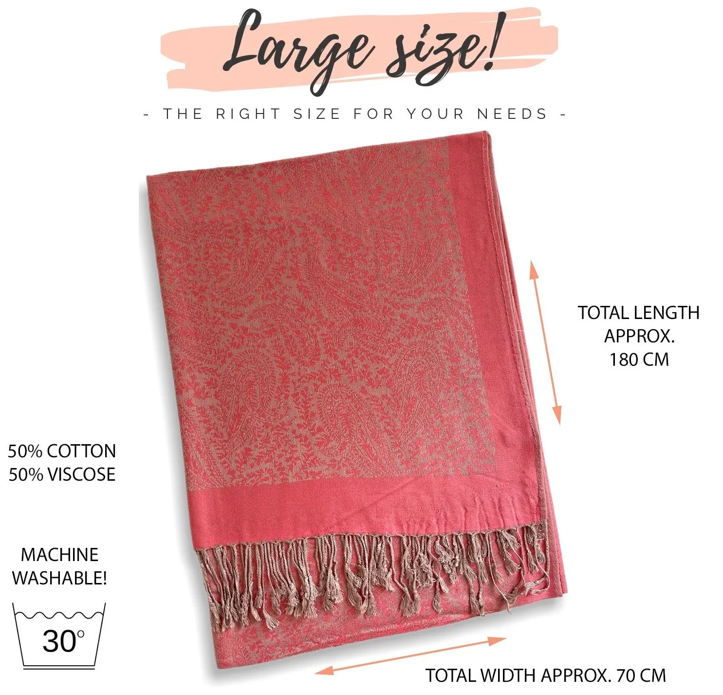 CORAL PAISLEY PRINT REVERSIBLE PASHMINA SHAWL SCARF