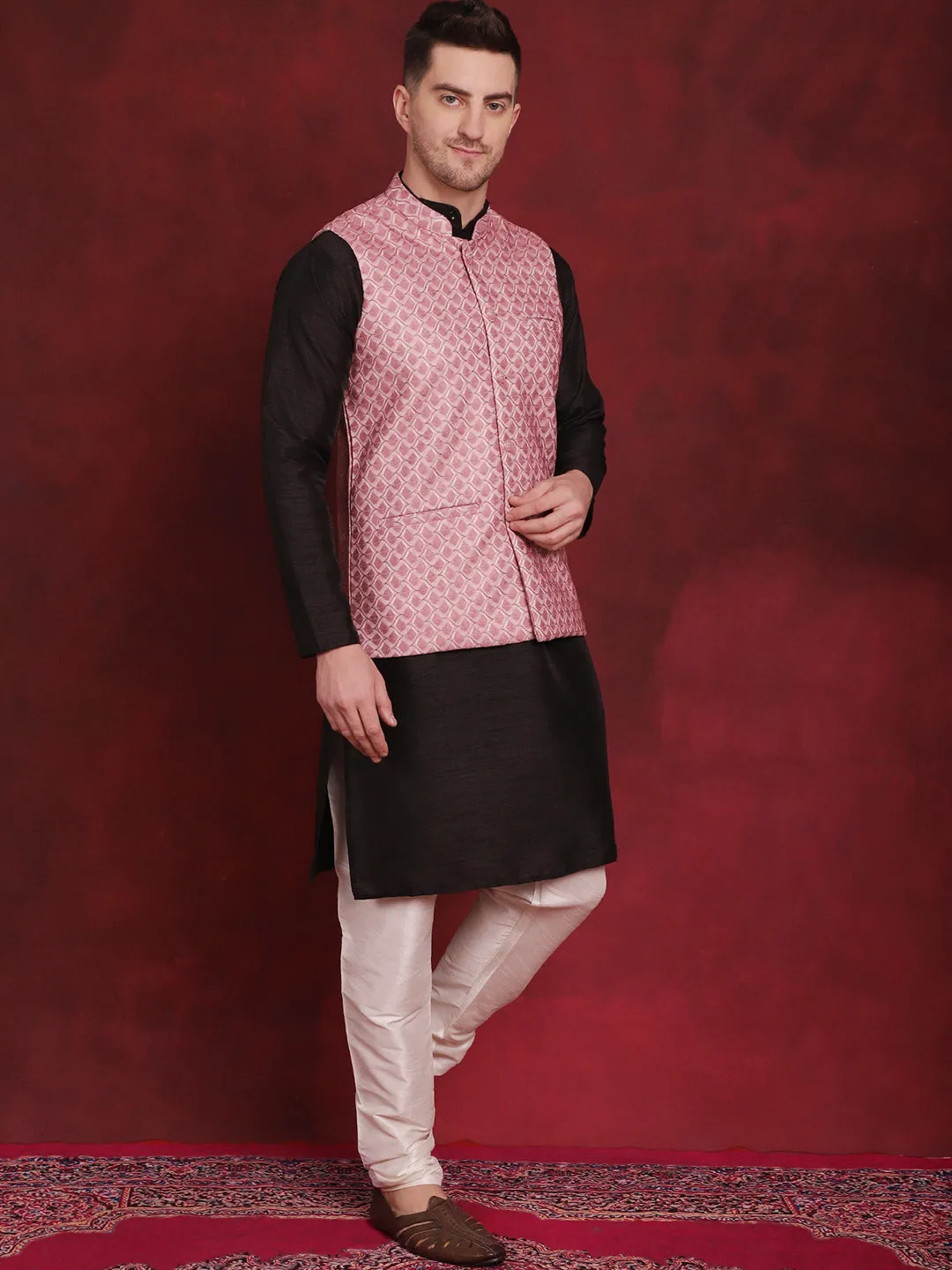 Coral Woven Design Nehru Jacket With Kurta Pyjama Set