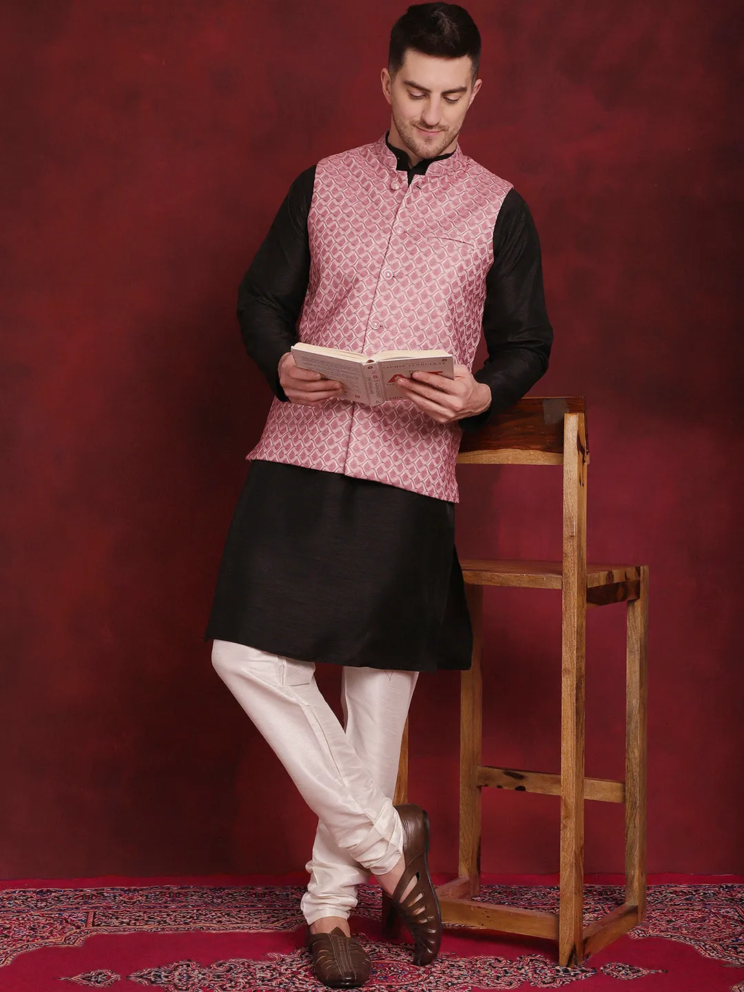 Coral Woven Design Nehru Jacket With Kurta Pyjama Set