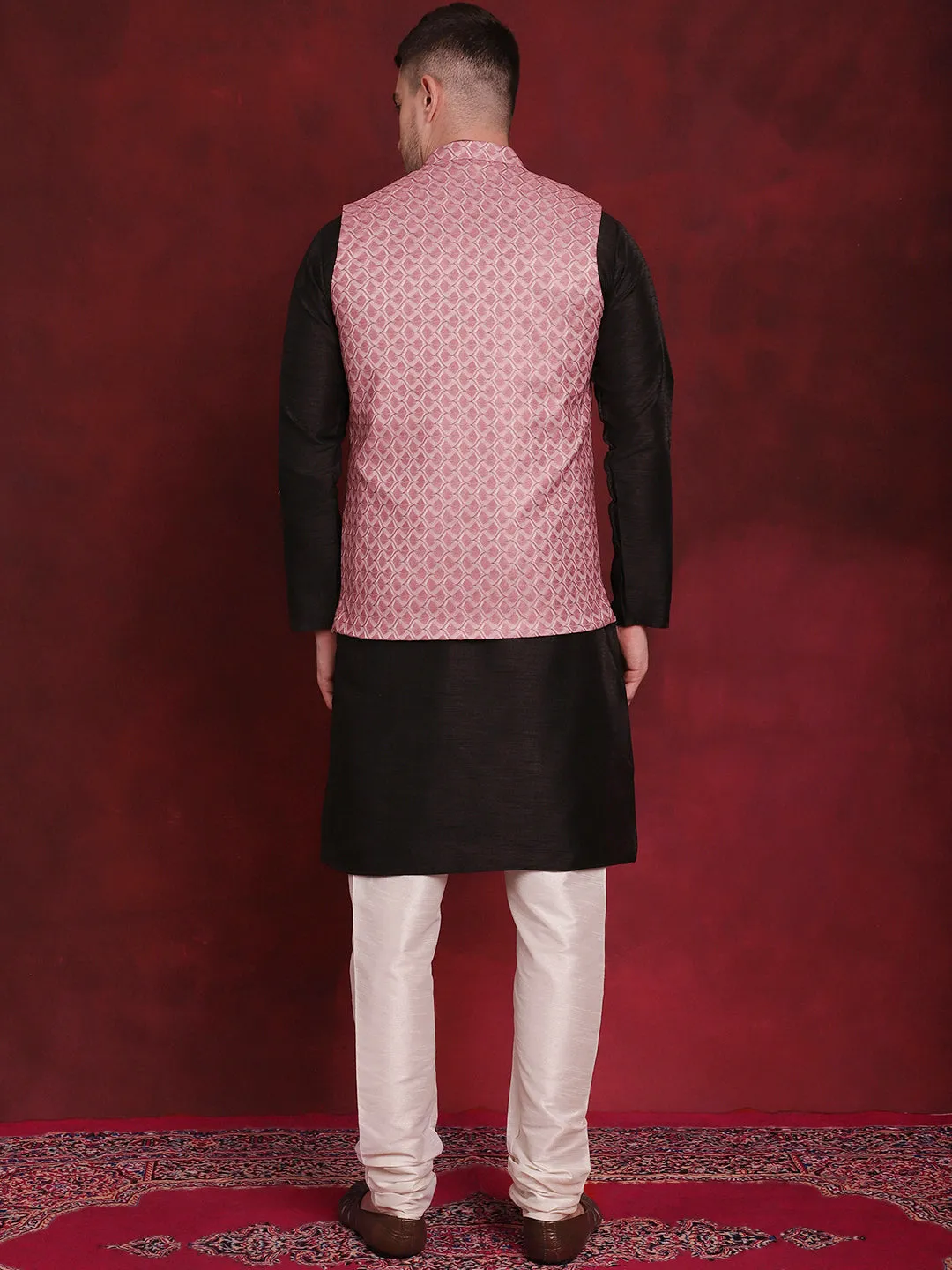 Coral Woven Design Nehru Jacket With Kurta Pyjama Set