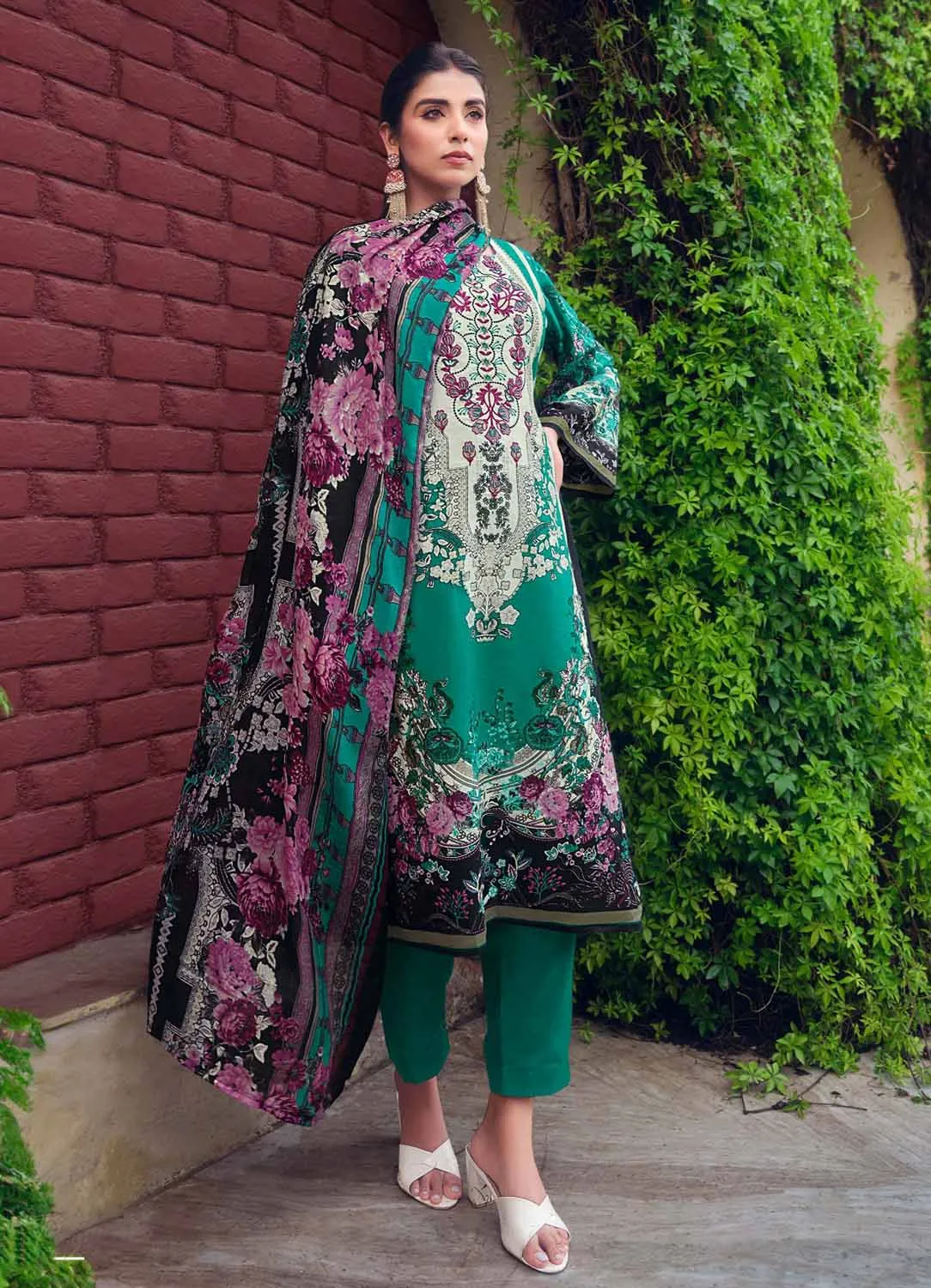 Cotton Pakistani Print Unstitched Embroidered Women Suit Green