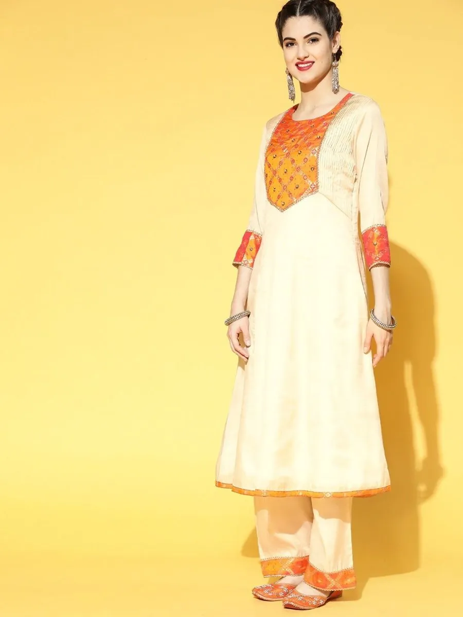 Cream and Orange Kurta with Palazzo and Dupatta