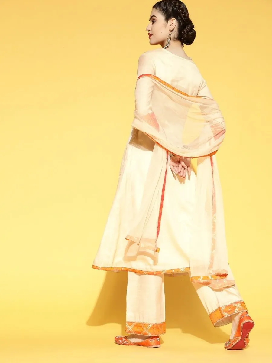 Cream and Orange Kurta with Palazzo and Dupatta