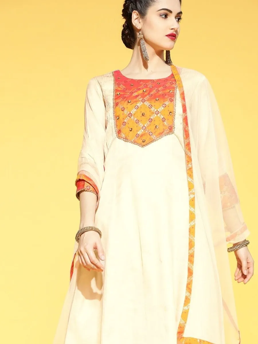 Cream and Orange Kurta with Palazzo and Dupatta