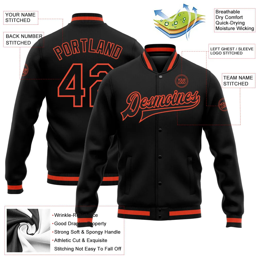 Custom Black Black-Orange Bomber Full-Snap Varsity Letterman Jacket