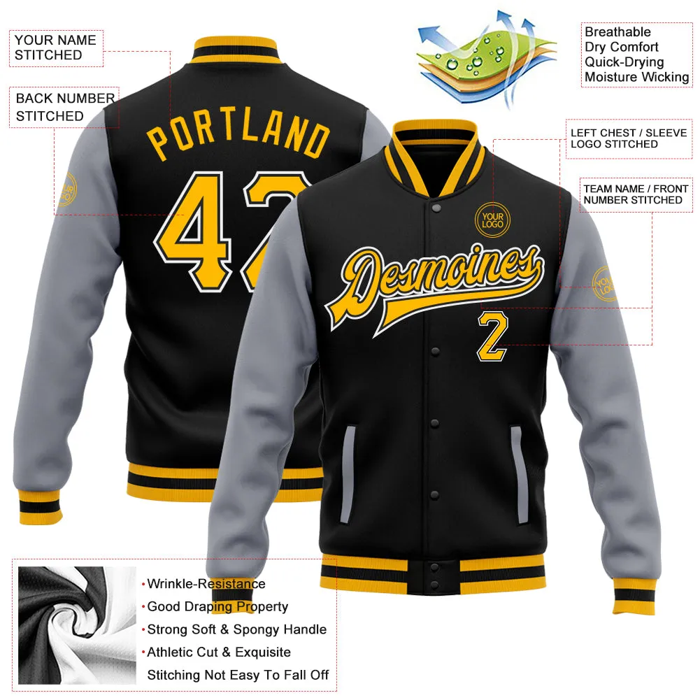 Custom Black Gold-Gray Bomber Full-Snap Varsity Letterman Two Tone Jacket