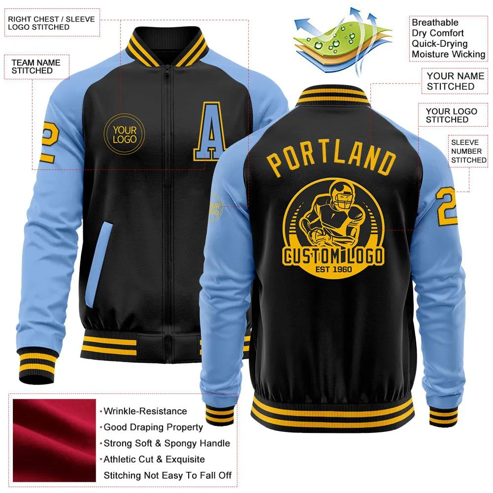 Custom Black Gold-Light Blue Bomber Varsity Letterman Two Tone Zipper Jacket