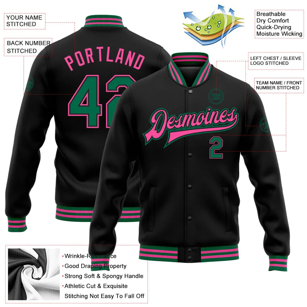 Custom Black Kelly Green-Pink Bomber Full-Snap Varsity Letterman Jacket