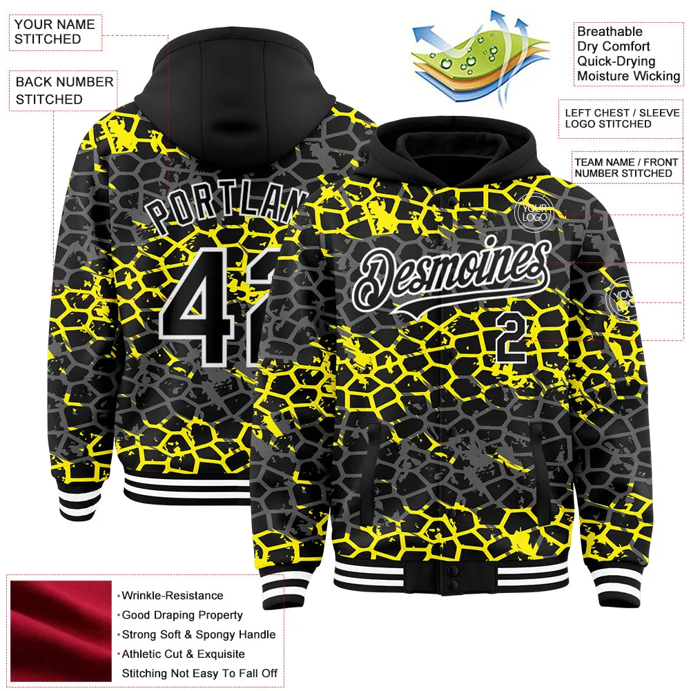 Custom Black Light Yellow-White Abstract Network 3D Pattern Design Bomber Full-Snap Varsity Letterman Hoodie Jacket