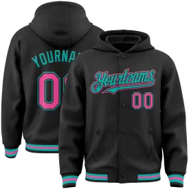 Custom Black Pink-Aqua Bomber Full-Snap Varsity Letterman Hoodie Jacket