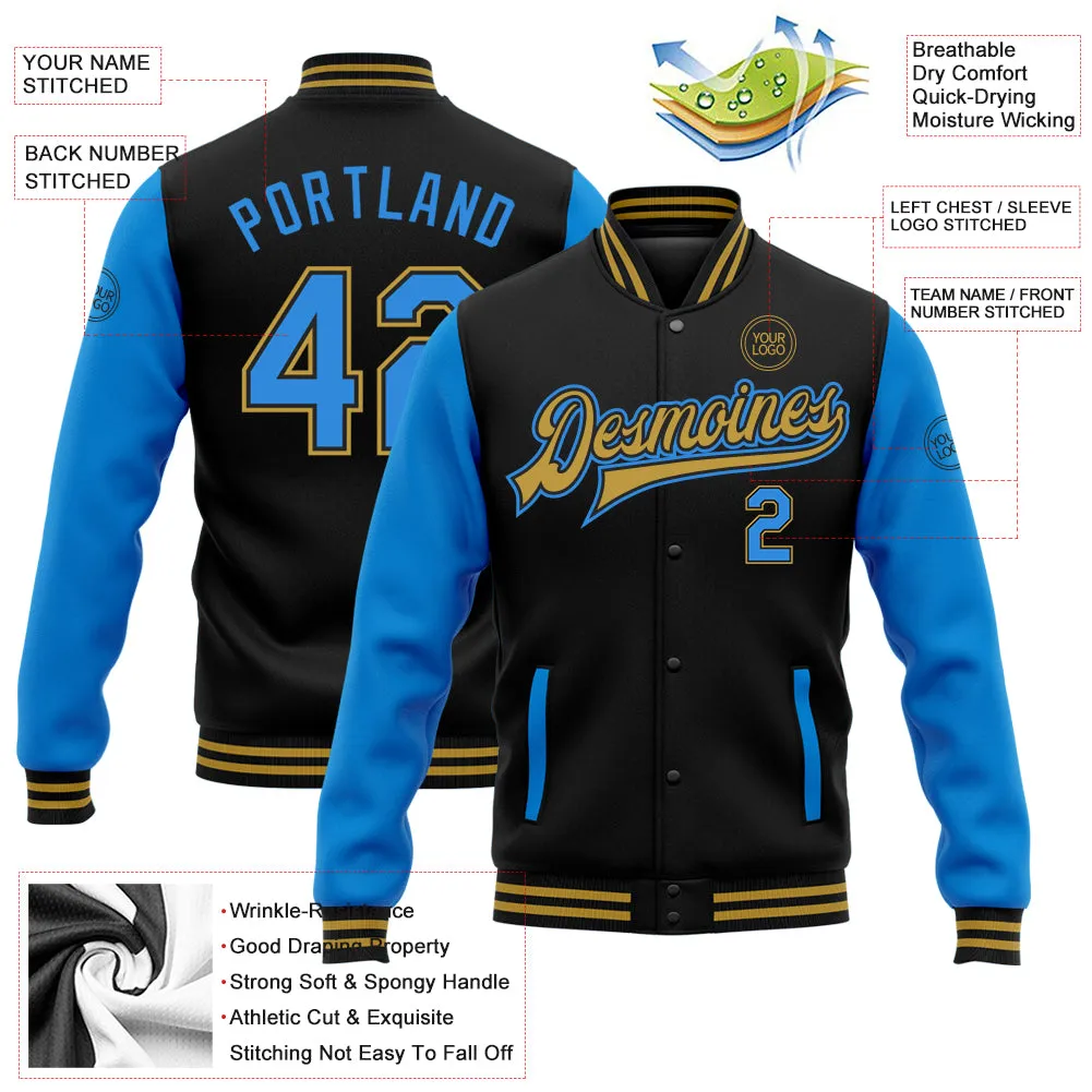 Custom Black Powder Blue-Old Gold Bomber Full-Snap Varsity Letterman Two Tone Jacket