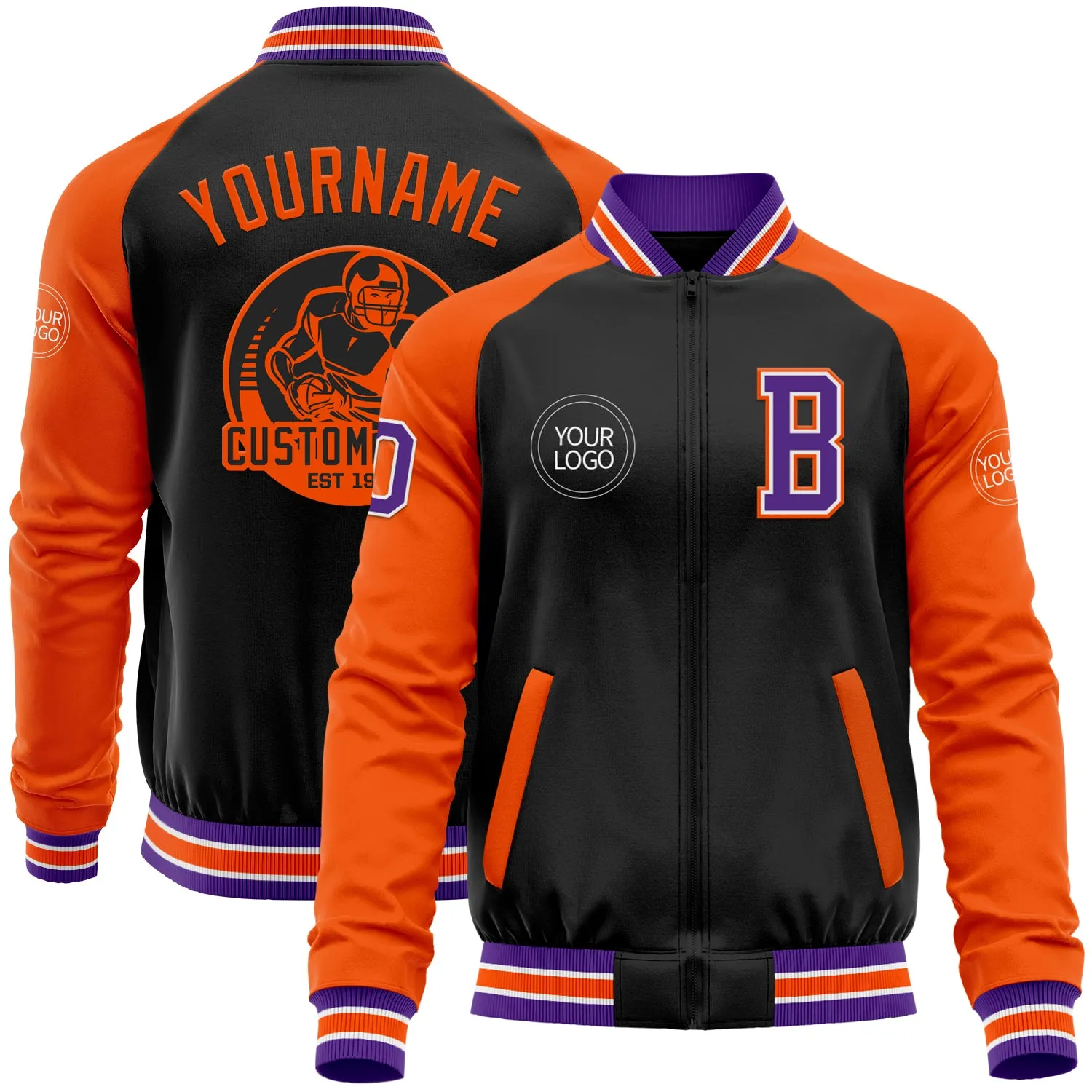 Custom Black Purple-Orange Bomber Varsity Letterman Two Tone Zipper Jacket