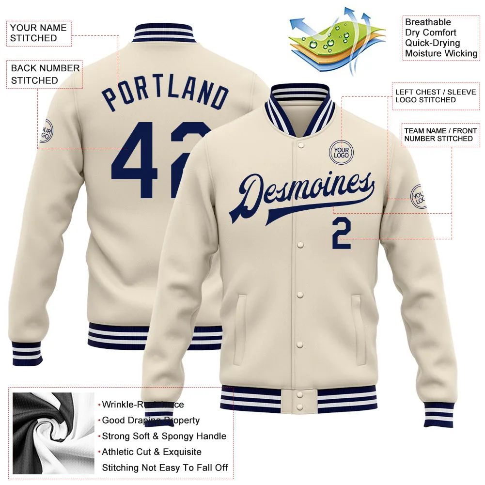 Custom Cream Navy-White Bomber Full-Snap Varsity Letterman Jacket