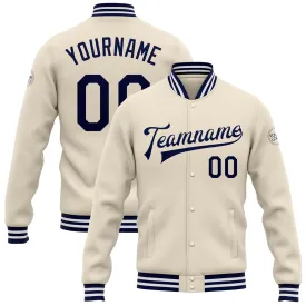 Custom Cream Navy-White Bomber Full-Snap Varsity Letterman Jacket