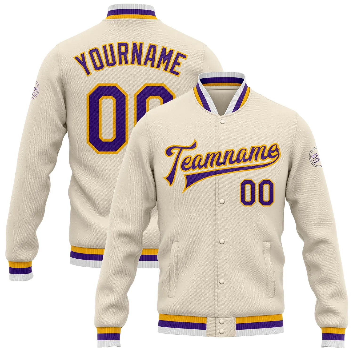 Custom Cream Purple-Gold Bomber Full-Snap Varsity Letterman Jacket