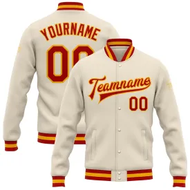 Custom Cream Red-Gold Bomber Full-Snap Varsity Letterman Jacket