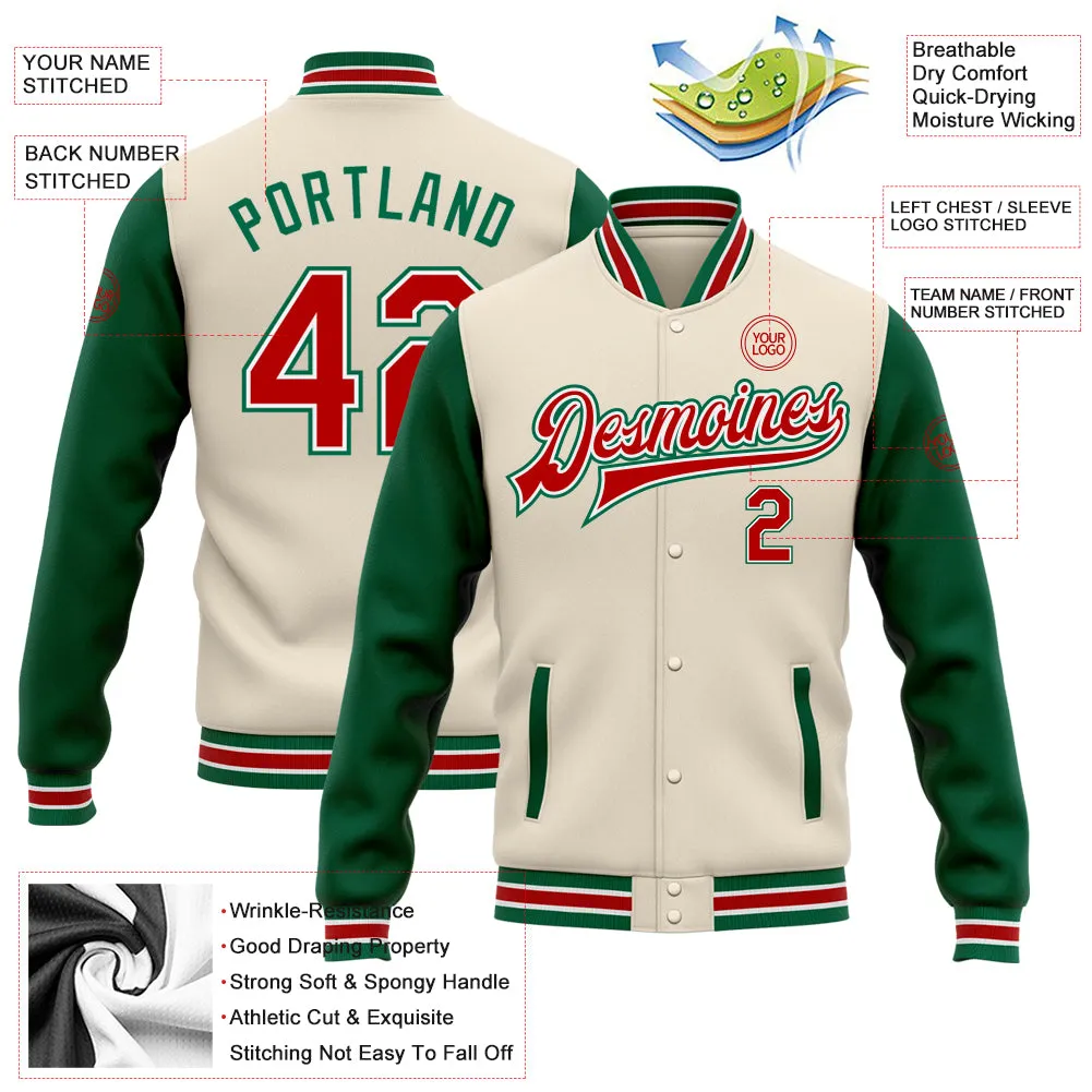 Custom Cream Red-Kelly Green Bomber Full-Snap Varsity Letterman Two Tone Jacket