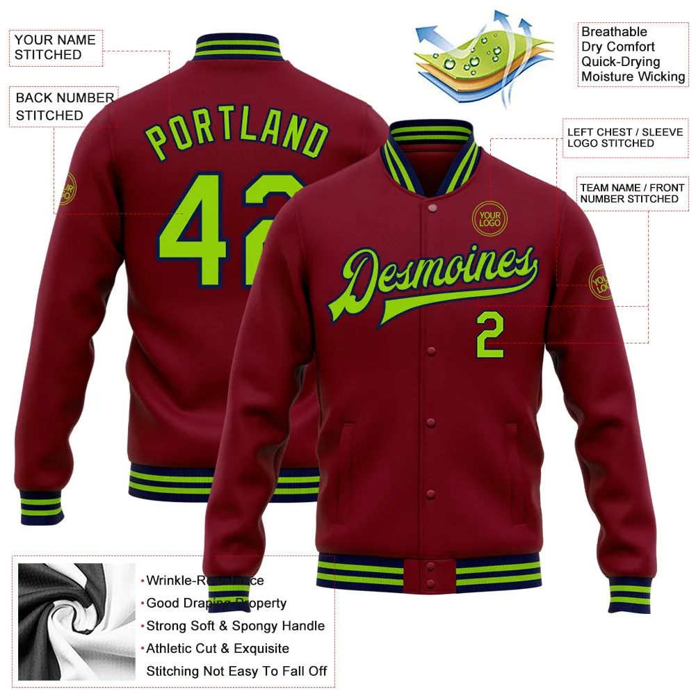 Custom Crimson Neon Green-Navy Bomber Full-Snap Varsity Letterman Jacket