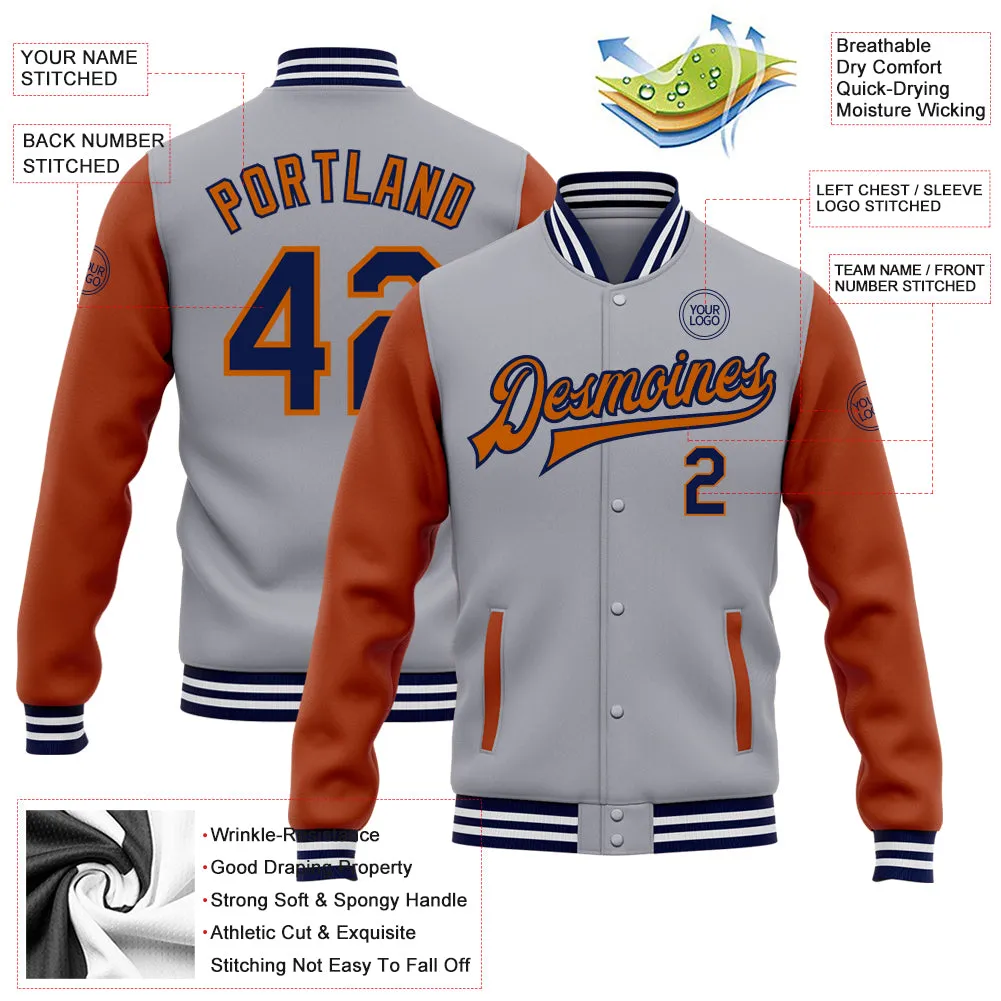 Custom Gray Navy-Texas Orange Bomber Full-Snap Varsity Letterman Two Tone Jacket