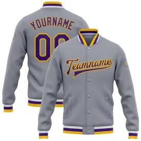 Custom Gray Purple-Gold Bomber Full-Snap Varsity Letterman Jacket