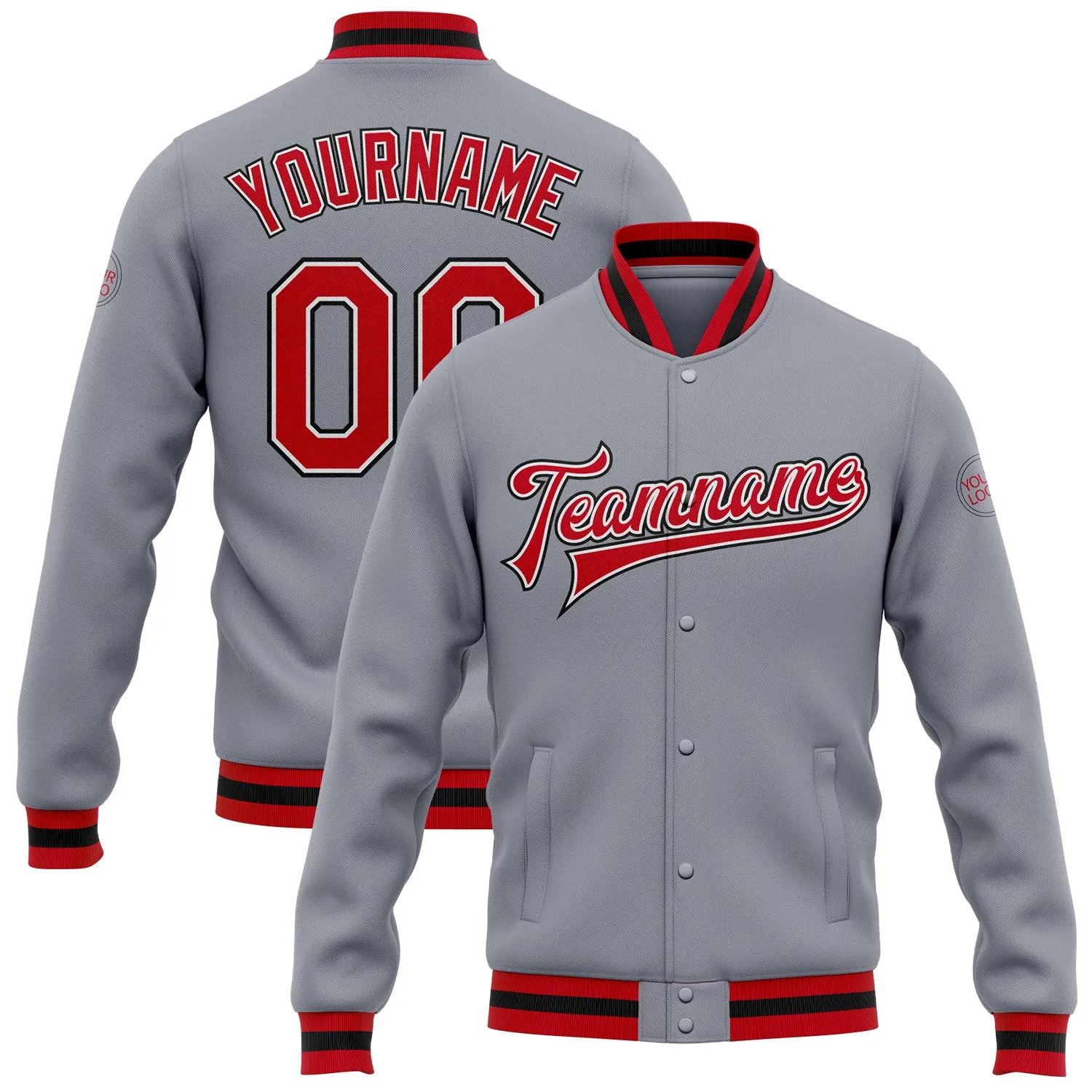 Custom Gray Red White-Black Bomber Full-Snap Varsity Letterman Jacket