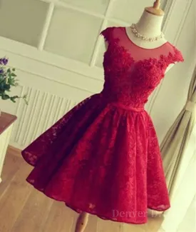 Cute Round Neck Red Lace Short Prom Dresses Red Homecoming Dresses