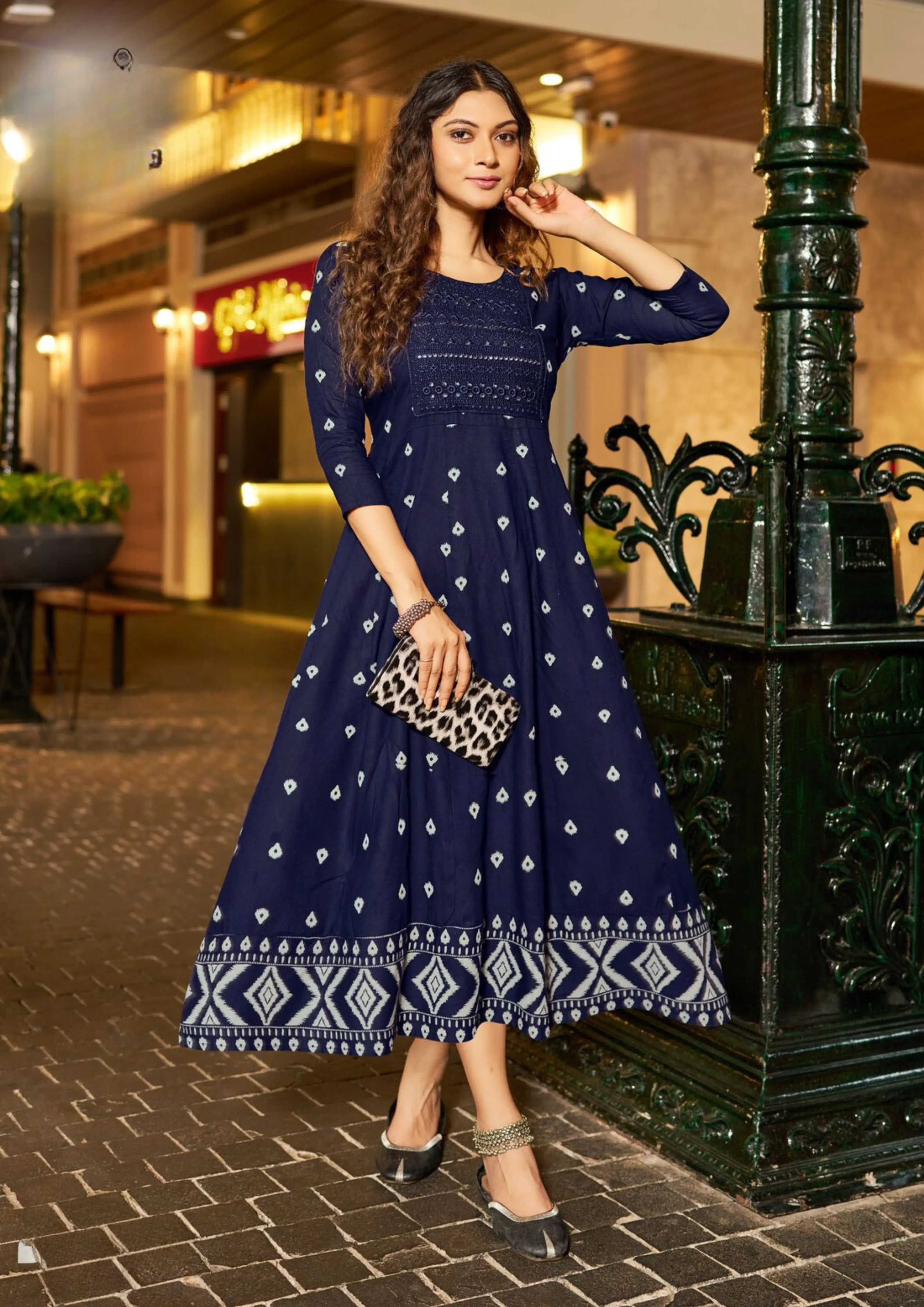 Elegant Blue Colored Rayon With Neck Embroidery work Kurti For Women