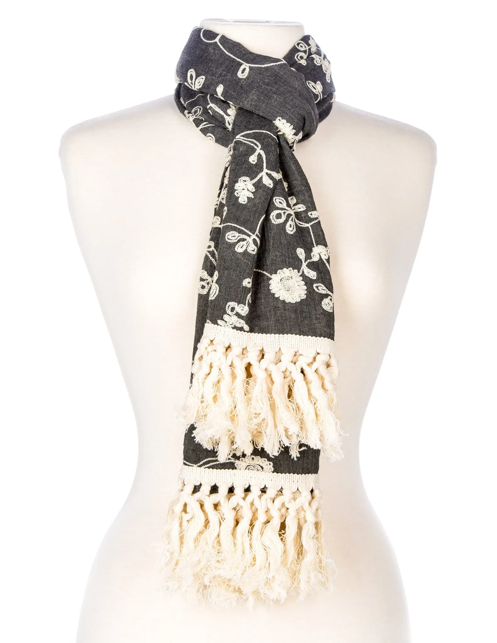 Embroidered Vine Scarf with Tassles