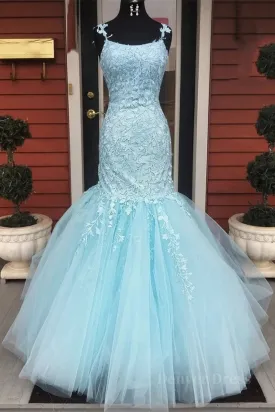 Gorgeous Mermaid Light Blue Lace Long Prom Dresses Light Blue Mermaid Lace Formal Dresses Mermaid Lace Evening Dresses