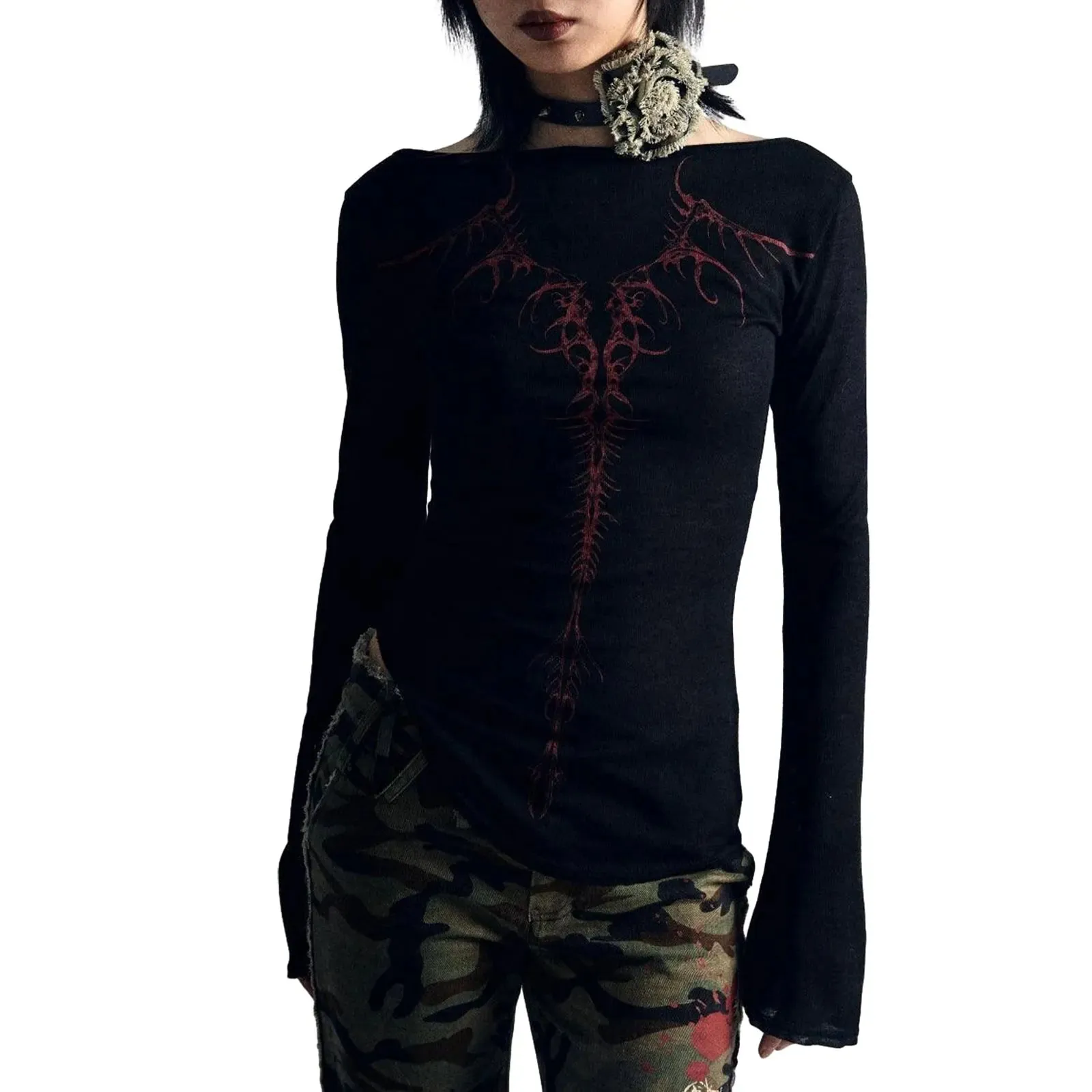 Graphic Print Crop Round Neck Long Sleeve Casual Tops Slim Fit Grunge Going Out Gothic T-shirt