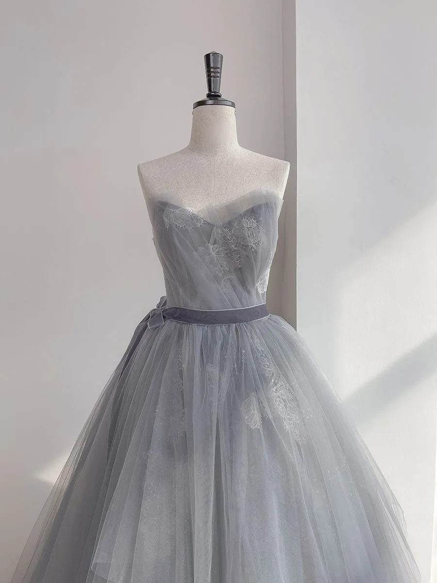 Gray Tulle Lace Long Prom Dress, Gray Ball Gown Formal Dresses