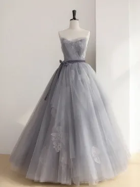 Gray Tulle Lace Long Prom Dress, Gray Ball Gown Formal Dresses