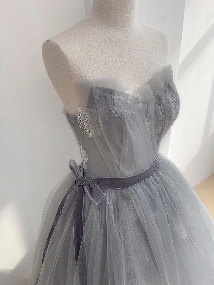 Gray Tulle Lace Long Prom Dress, Gray Ball Gown Formal Dresses